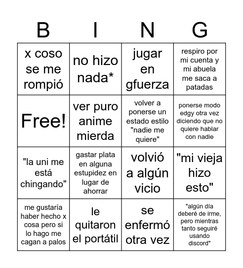 carta de bingo de pendejadas que hizo don pendejo mientas estaba disque "centrándose en sí mismo" Bingo Card