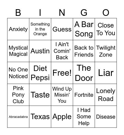 Top 40 Music Bingo Card