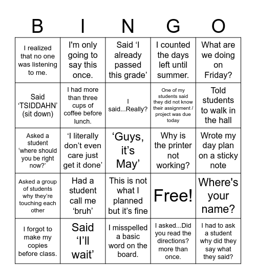 May Teacher Phrases Bingo Card