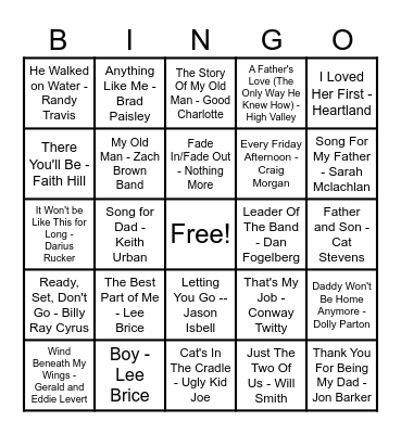 Songs About Dads Bingo Card