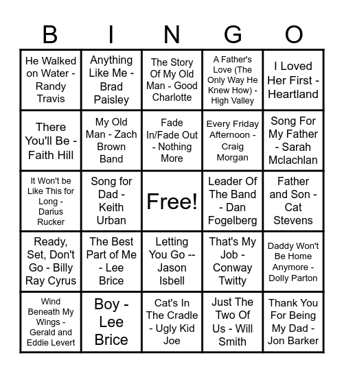 Songs About Dads Bingo Card