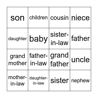 Family Bingo Card