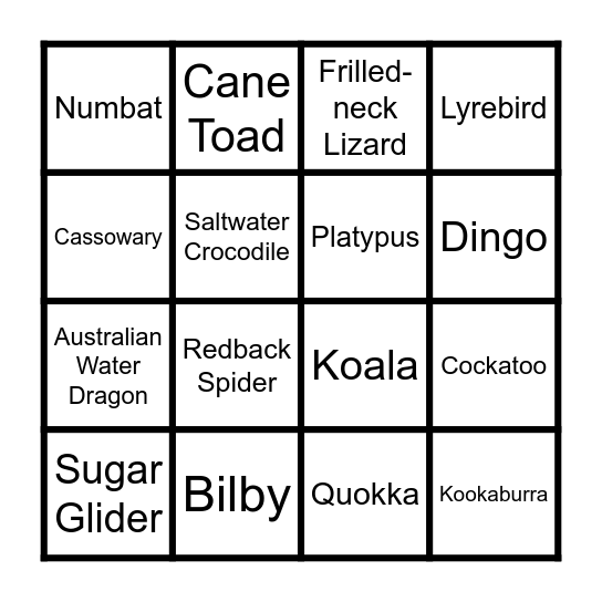 Australian Animal Bingo Card