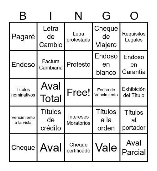 Títulos de Crédito Bingo Card