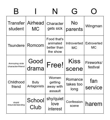 Romance Anime Bingo Card