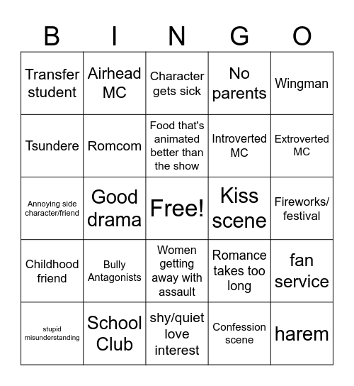 Romance Anime Bingo Card