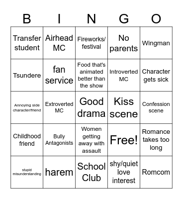 Romance Anime Bingo Card