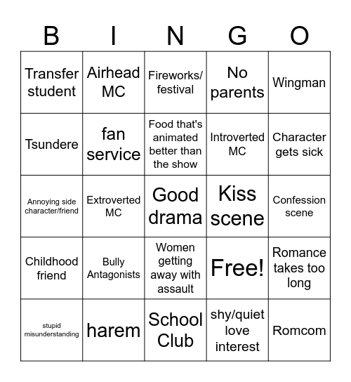 Romance Anime Bingo Card