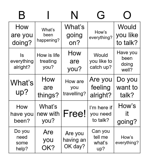 Different ways to ask "Are you OK?" Bingo Card