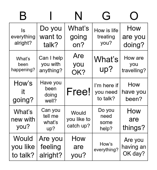 Different ways to ask "Are you OK?" Bingo Card