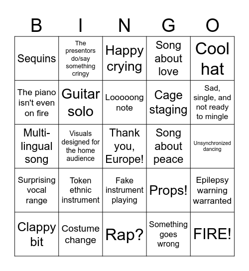 Eurovision 2025 Bingo Card