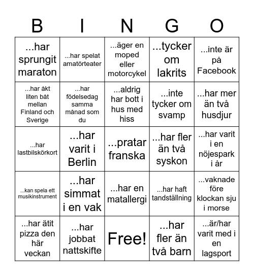 Festmingel-bingo  Samla fem kryss i rad, vågrätt,  lodrätt eller diagonalt. Fina priser väntar de fem första  som ropar BINGO! Kan du fylla hela brickan? Då har du fått SUPER-BINGO!  Hitta och presentera dig för någon som... Bingo Card