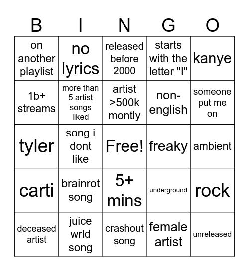 liked songs bingo Card
