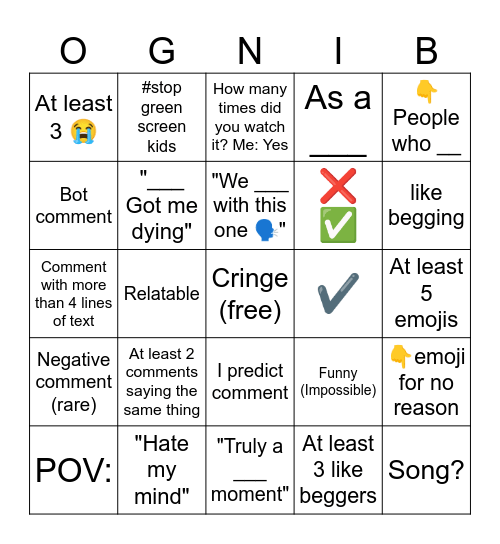 YouTube Shorts Comments Bingo Card