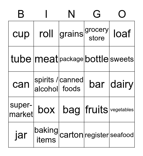 Grocery Store and Food Items Bingo Card