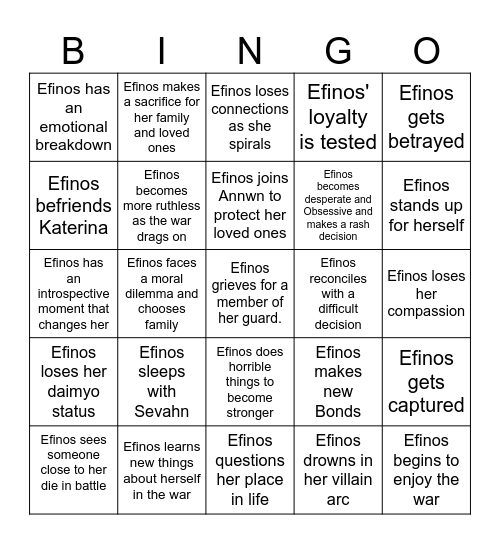 Efinos War Bingo Card