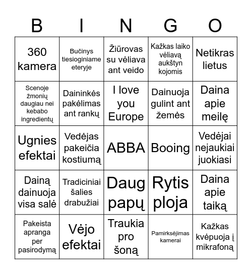 Eurovizija 2024 Bingo Card