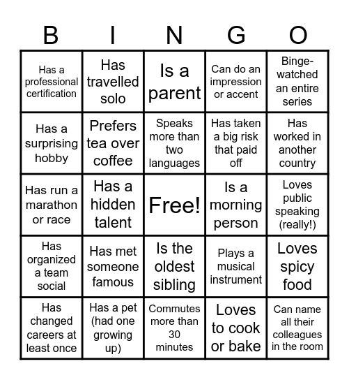 Icebreaker Bingo Card