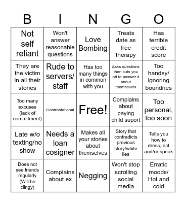 First Date Red Flag Bingo Card