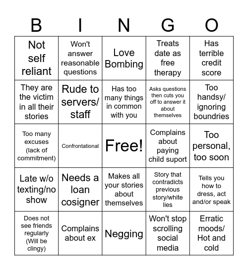 First Date Red Flag Bingo Card