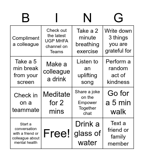 UGP Mental Health Awareness Bingo! Bingo Card
