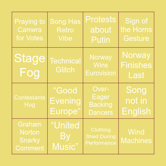 Eurovision Finale bingo 2025 Bingo Card