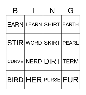 /ɜːr/ sound Bingo Card