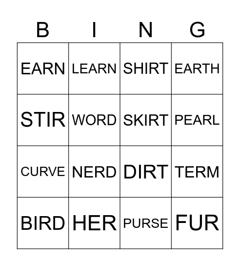 /ɜːr/ sound Bingo Card