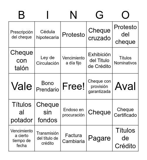 Títulos de Crédito Bingo Card