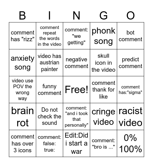 average video youtube short (sorry because my bad on English) Bingo Card