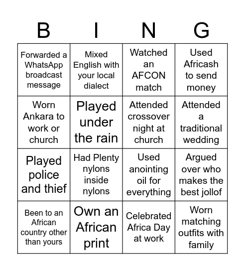 How African are You Bingo Card