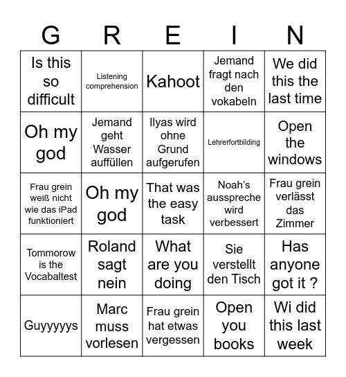 Englisch Bingo Card