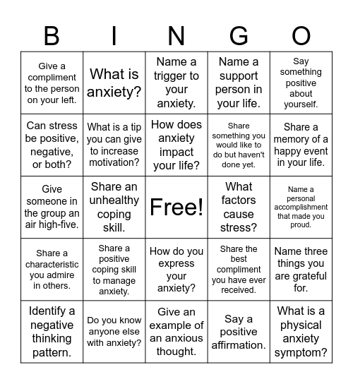 Mental Health Bingo Card