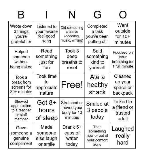 Healthy Habits Bingo Card