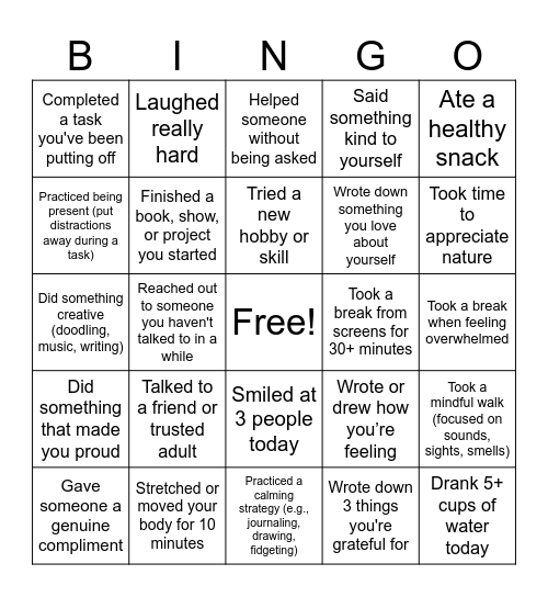 Healthy Habits Bingo Card