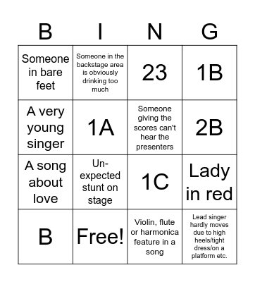 Eurovision Bingo Card