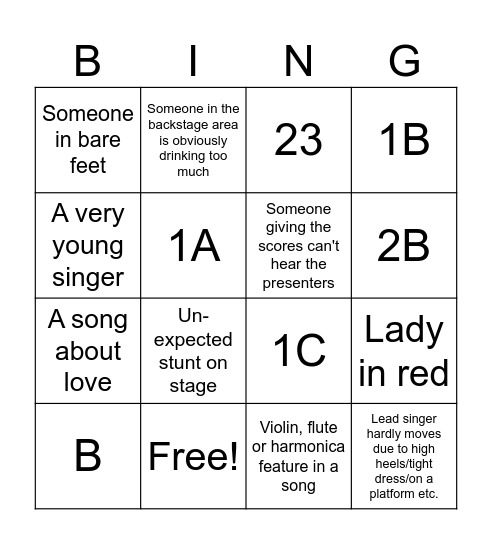 Eurovision Bingo Card
