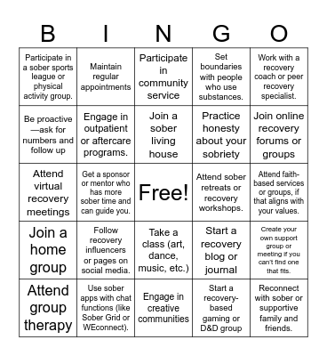 Developing Sober Supports Bingo Card