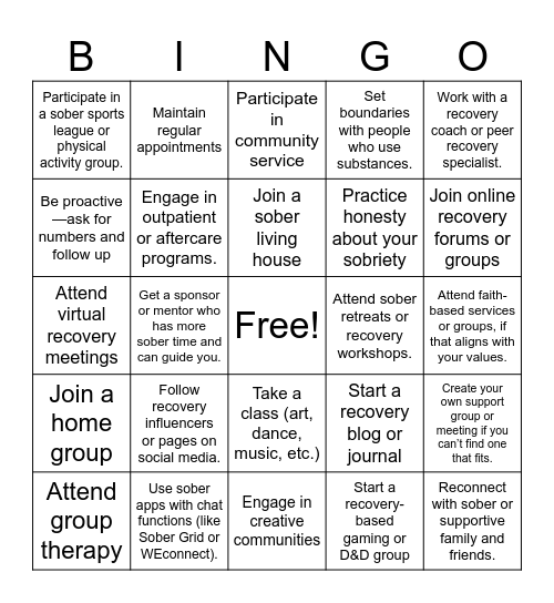 Developing Sober Supports Bingo Card
