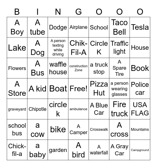 Road Trip Bingo Card