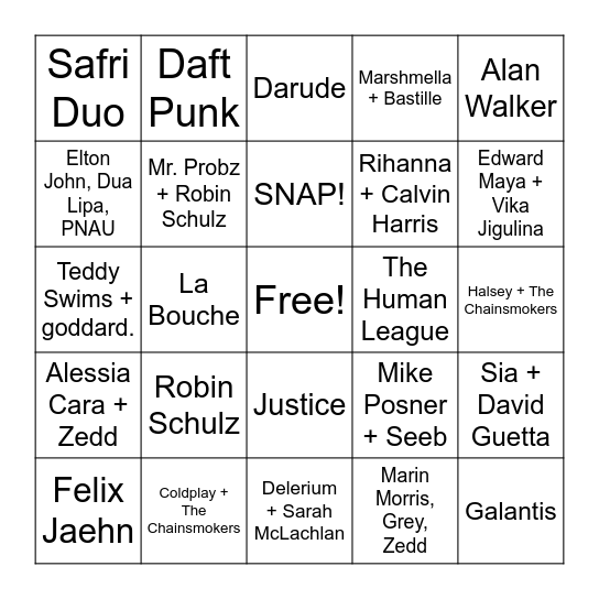 Electronica Hits Bingo Card