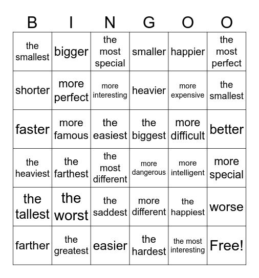 Superiority and Superlative Bingo Card