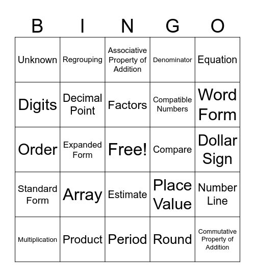 Math Vocabulary Bingo Card