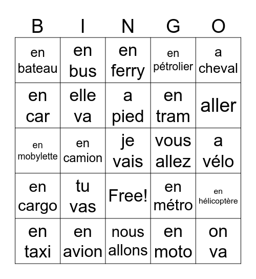 Les Moyens de Transport Bingo Card