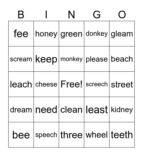 Long Vowel Teams ee, ea, ey Bingo Card