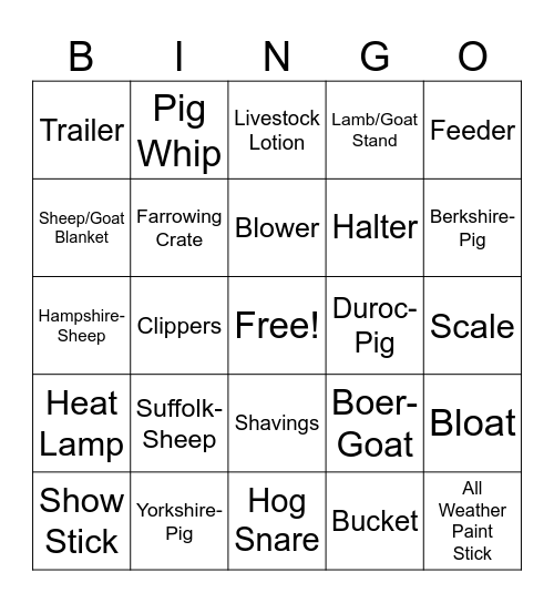 Livestock Bingo Card