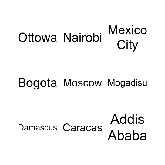 Capitals of Countries Bingo Card