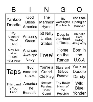 Patriotic Songs BINGO Card