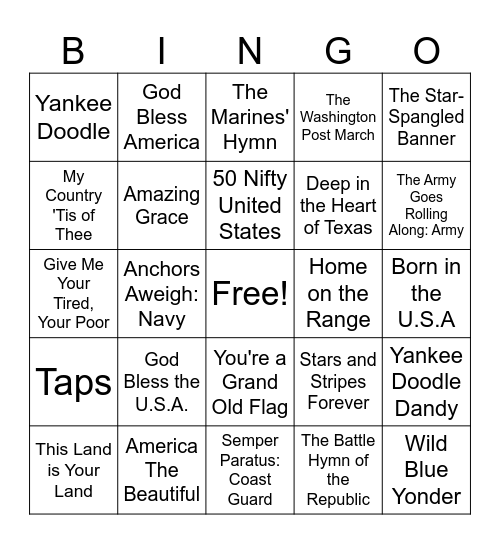 Patriotic Songs BINGO Card