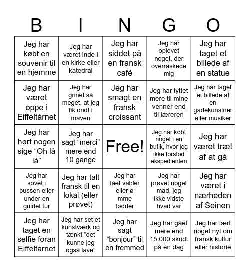 Paris Bingo Card